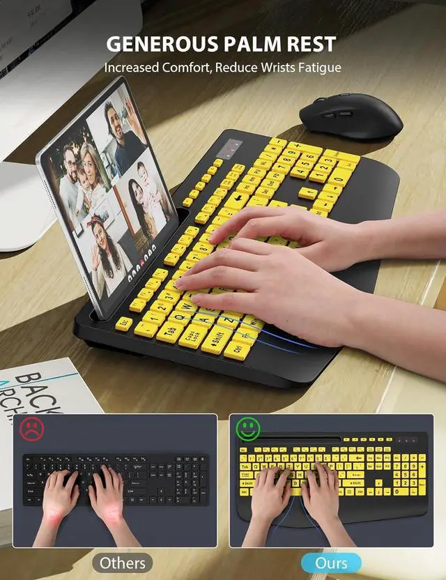 Alt view image 3 of 7 - Wireless Keyboard and Mouse Combo - Full-Sized Ergonomic Keyboard with Wrist Rest, Phone Holder, Sleep Mode, Silent 2.4GHz Cordless Keyboard Mouse for Computer, Laptop, PC, Mac, Windows (Yellow)