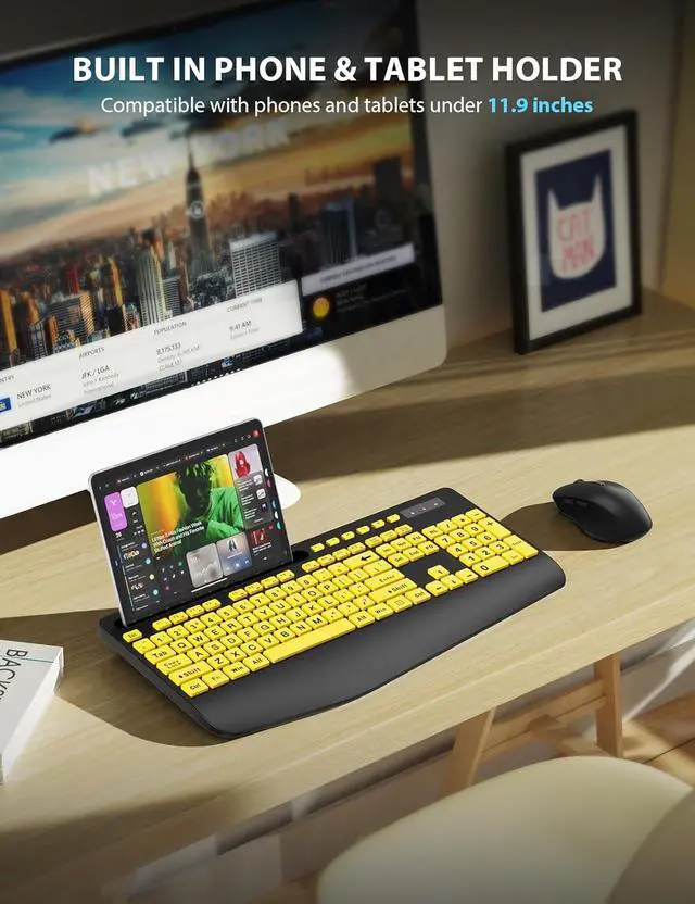 Alt view image 4 of 7 - Wireless Keyboard and Mouse Combo - Full-Sized Ergonomic Keyboard with Wrist Rest, Phone Holder, Sleep Mode, Silent 2.4GHz Cordless Keyboard Mouse for Computer, Laptop, PC, Mac, Windows (Yellow)
