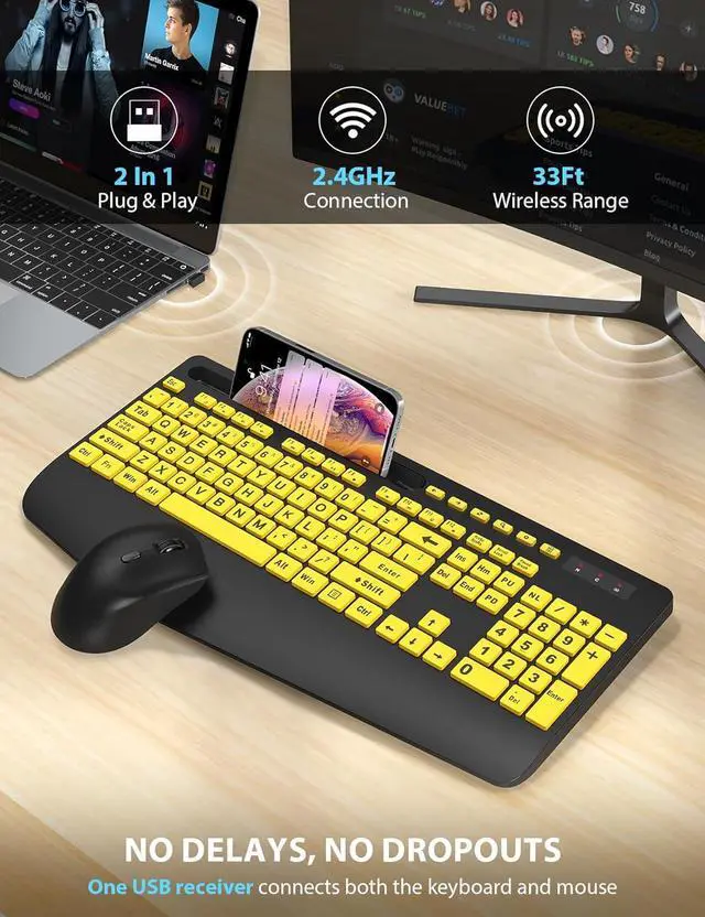 Alt view image 5 of 7 - Wireless Keyboard and Mouse Combo - Full-Sized Ergonomic Keyboard with Wrist Rest, Phone Holder, Sleep Mode, Silent 2.4GHz Cordless Keyboard Mouse for Computer, Laptop, PC, Mac, Windows (Yellow)