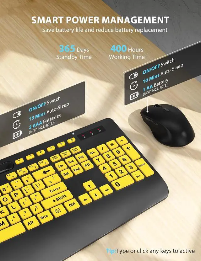 Alt view image 6 of 7 - Wireless Keyboard and Mouse Combo - Full-Sized Ergonomic Keyboard with Wrist Rest, Phone Holder, Sleep Mode, Silent 2.4GHz Cordless Keyboard Mouse for Computer, Laptop, PC, Mac, Windows (Yellow)