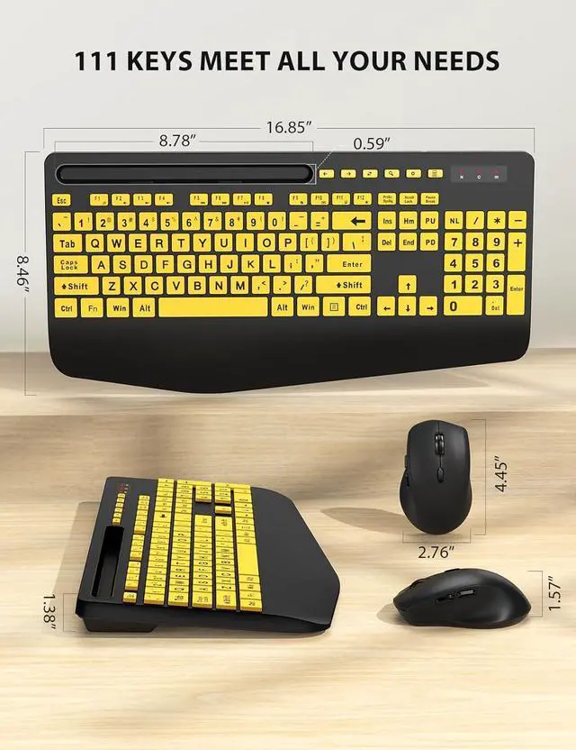 Alt view image 7 of 7 - Wireless Keyboard and Mouse Combo - Full-Sized Ergonomic Keyboard with Wrist Rest, Phone Holder, Sleep Mode, Silent 2.4GHz Cordless Keyboard Mouse for Computer, Laptop, PC, Mac, Windows (Yellow)