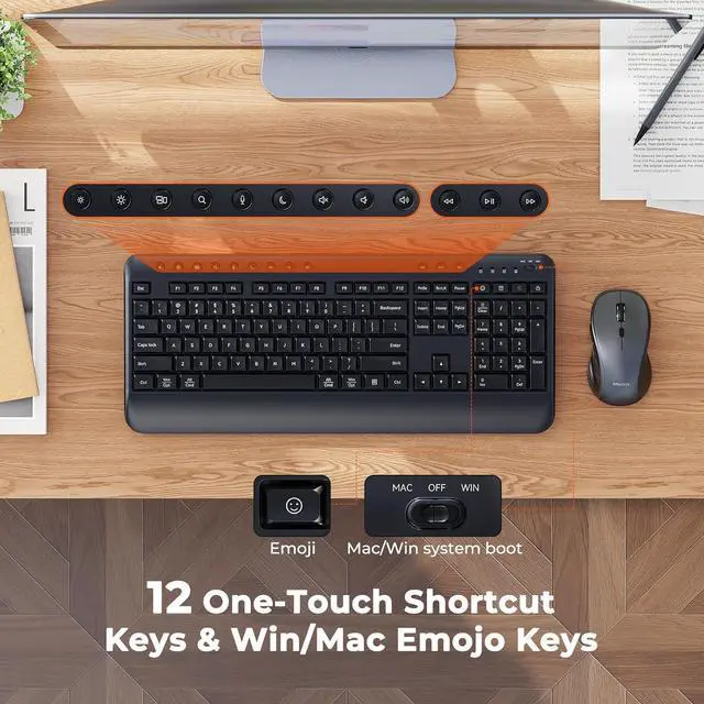 Alt view image 2 of 7 - Wireless Keyboard and Mouse Combo, Computer Keyboard with Wrist Rest, Multimedia Hotkeys 2.4G Wireless, Full Size, Ergonomic, USB-C Adapter, 3200 DPI Mouse, for Windows/Mac/Laptop/PC, Black