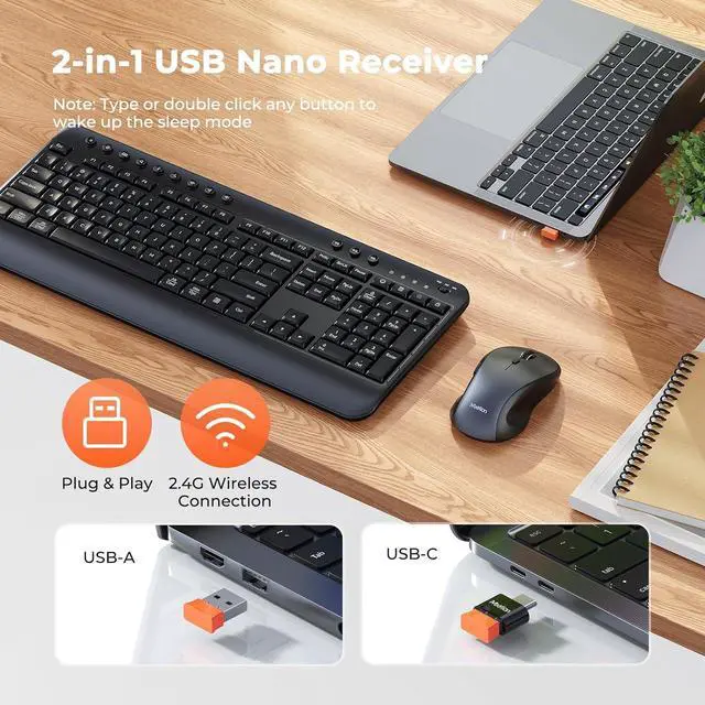 Alt view image 3 of 7 - Wireless Keyboard and Mouse Combo, Computer Keyboard with Wrist Rest, Multimedia Hotkeys 2.4G Wireless, Full Size, Ergonomic, USB-C Adapter, 3200 DPI Mouse, for Windows/Mac/Laptop/PC, Black