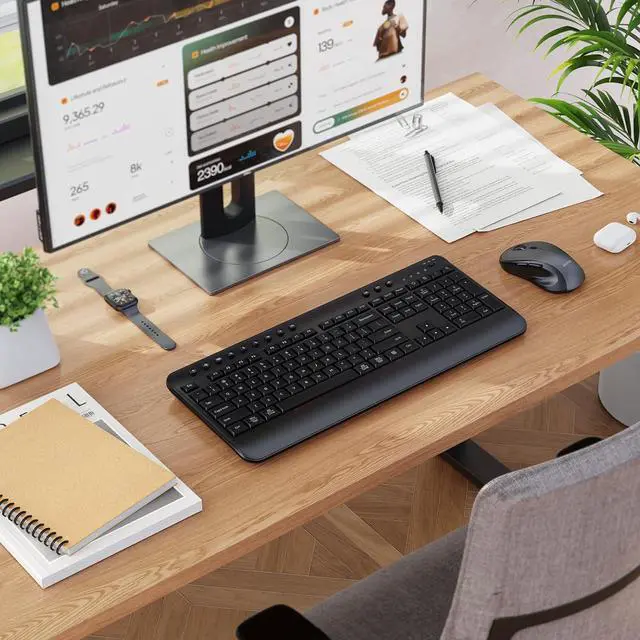 Alt view image 7 of 7 - Wireless Keyboard and Mouse Combo, Computer Keyboard with Wrist Rest, Multimedia Hotkeys 2.4G Wireless, Full Size, Ergonomic, USB-C Adapter, 3200 DPI Mouse, for Windows/Mac/Laptop/PC, Black