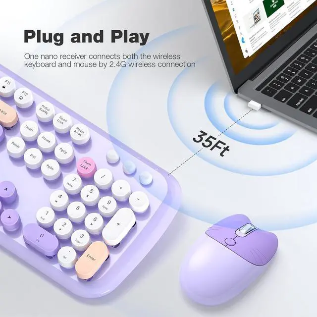 Alt view image 2 of 7 - Retro Wireless Keyboard and Mouse Combo, SQMD 2.4G Typewriter Keyboard with Round Colorful Keycaps, Full-Size Office Keyboard and Quiet Mouse for Windows PC, Home, Office, and College - Purple