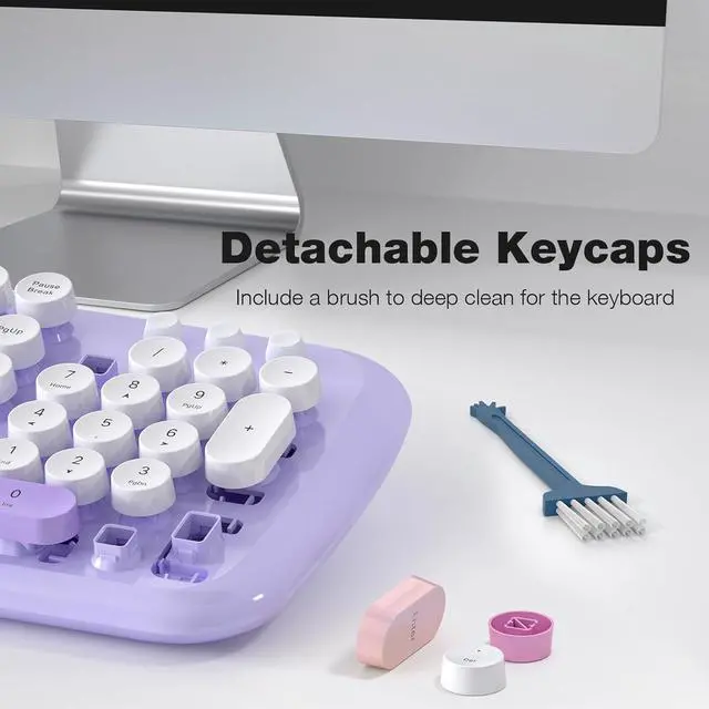 Alt view image 3 of 7 - Retro Wireless Keyboard and Mouse Combo, SQMD 2.4G Typewriter Keyboard with Round Colorful Keycaps, Full-Size Office Keyboard and Quiet Mouse for Windows PC, Home, Office, and College - Purple