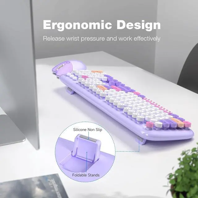 Alt view image 4 of 7 - Retro Wireless Keyboard and Mouse Combo, SQMD 2.4G Typewriter Keyboard with Round Colorful Keycaps, Full-Size Office Keyboard and Quiet Mouse for Windows PC, Home, Office, and College - Purple