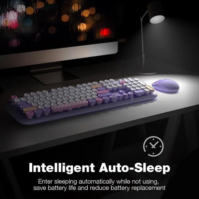 Alt view image 5 of 7 - Retro Wireless Keyboard and Mouse Combo, SQMD 2.4G Typewriter Keyboard with Round Colorful Keycaps, Full-Size Office Keyboard and Quiet Mouse for Windows PC, Home, Office, and College - Purple