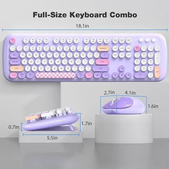 Alt view image 6 of 7 - Retro Wireless Keyboard and Mouse Combo, SQMD 2.4G Typewriter Keyboard with Round Colorful Keycaps, Full-Size Office Keyboard and Quiet Mouse for Windows PC, Home, Office, and College - Purple
