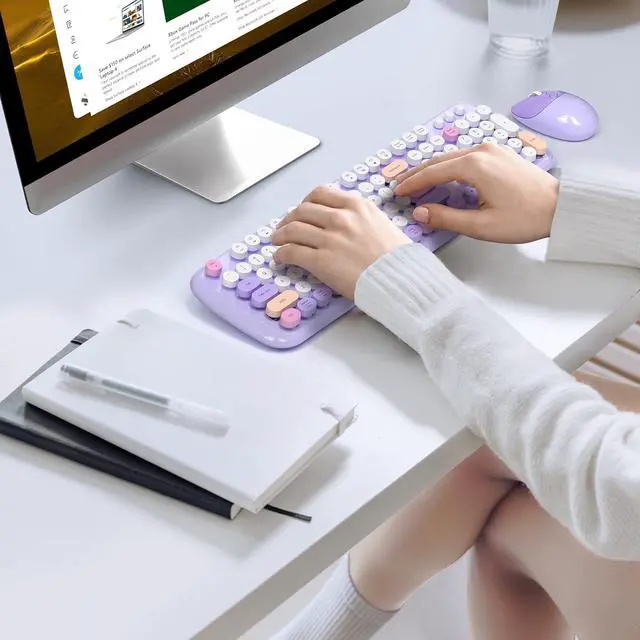 Alt view image 7 of 7 - Retro Wireless Keyboard and Mouse Combo, SQMD 2.4G Typewriter Keyboard with Round Colorful Keycaps, Full-Size Office Keyboard and Quiet Mouse for Windows PC, Home, Office, and College - Purple