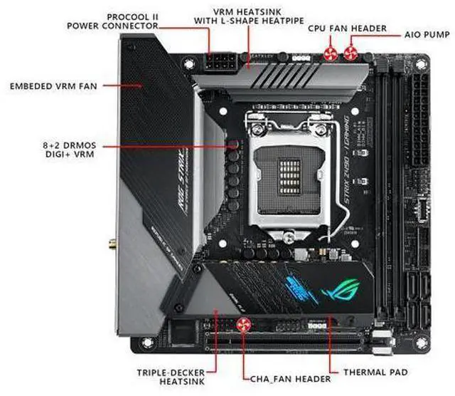 Alt view image 8 of 9 - ASUS ROG STRIX Z490-I GAMING (WiFi 6) LGA 1200 (Intel 10th Gen) Intel Z490 SATA 6Gb/s Mini ITX Intel Motherboard (8+2 Power Stages, DDR4 4800, Intel 2.5Gb Ethernet, USB 3.2 Front Panel Type-C, HDMI 2.