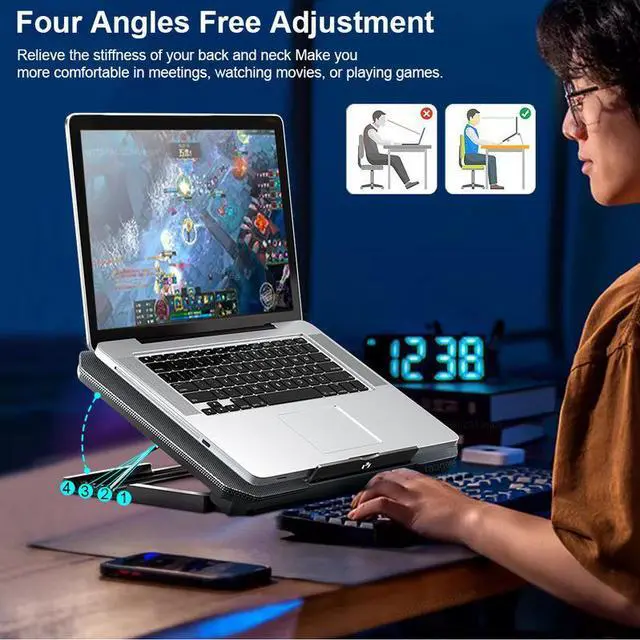 Alt view image 5 of 7 - Silver  Laptop Cooler Fan Gaming Laptop Cooling Pad with Two USB Port Notebook Stand Base for Laptop Cooler Adjustable Angle Wind Speed