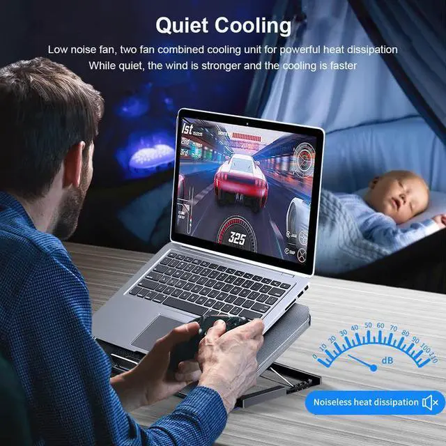 Alt view image 6 of 7 - black USB  Laptop Cooler Large Size For 12-17 Inch Notebook TwoLaptop Cooling Pads Wind Speed Adjustable Silent Laptop Cooler Stand