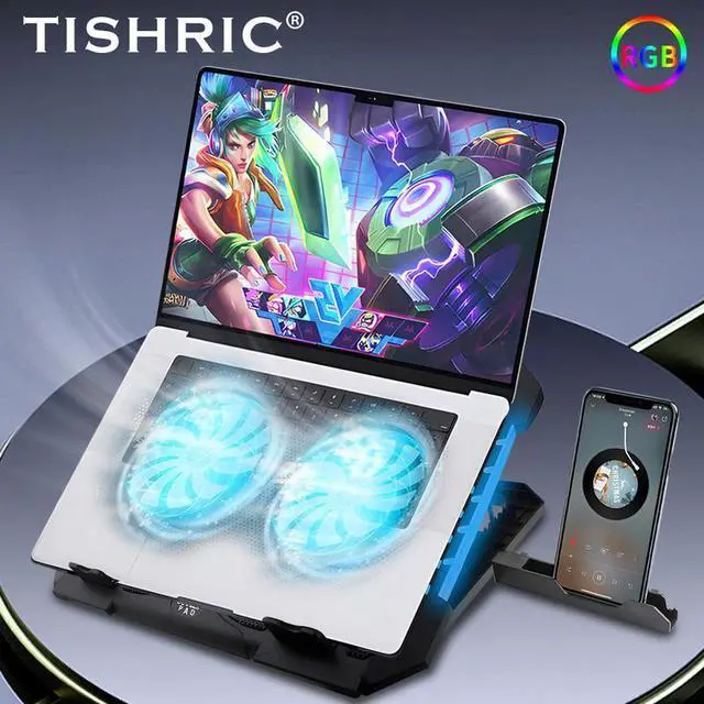 Alt view image 2 of 7 - TSR036  TISHRIC Laptop Stand Cooling,2Fans Base Cooler Notebook Support,10RGB Breathing LEDS Adjustable Wind Speed Laptop Bracket Holder
