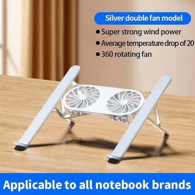 Main image of silver without light  Folding Laptop Stand Cooling Base Portable Desktop Tablet Holder Mute Dual Fan Rapid Cooling Pad Aluminium Notebook Accessory