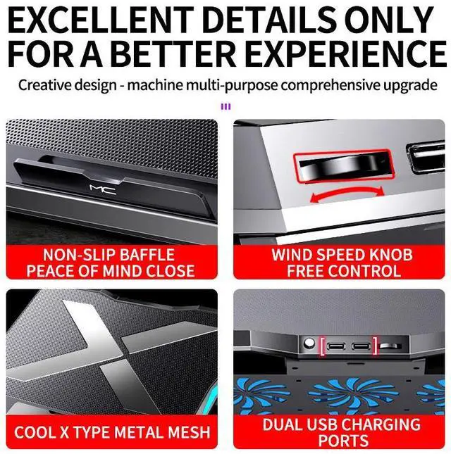 Alt view image 5 of 6 - q3-Black  Q3 Gaming Laptop Cooler With Six Fans Adjustable Height Silent Cooling Pad Laptops Computer Stand For Laptops Below 15.6-inch