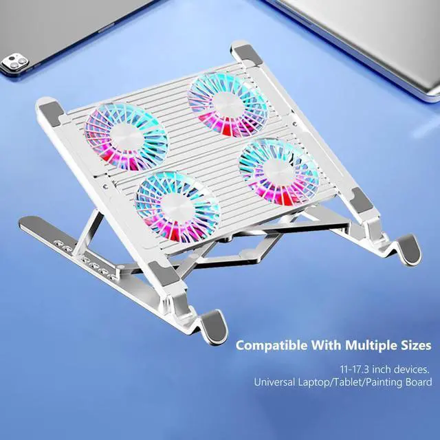 Alt view image 6 of 7 - Silver 4Fan Aluminum  Gaming PC Laptop Cooler 2/4 Silent Fan Foldable Laptop Cooling Pad Support Portable Adjustable Notebook Stand for 11-17.3 inch