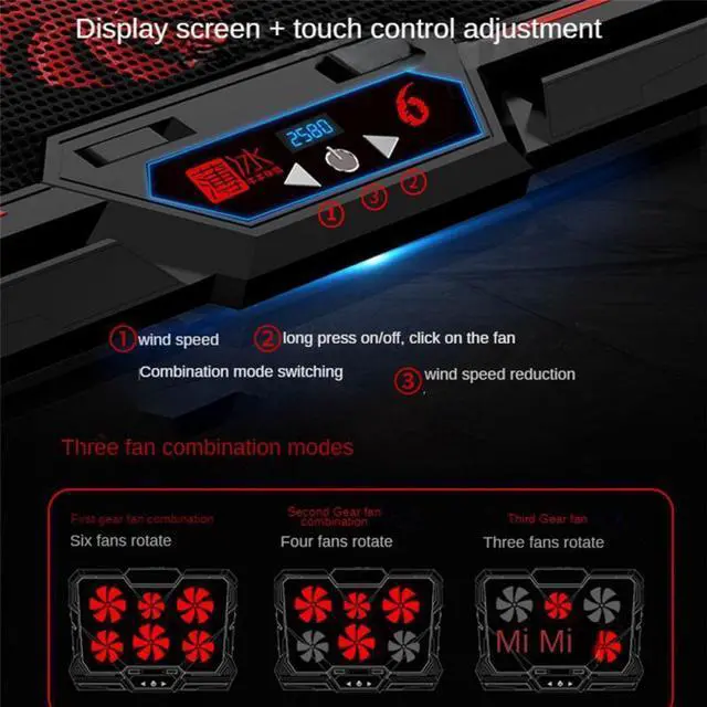 Alt view image 5 of 7 - Style B  Coolcold Laptop Cooler 6 Fans Laptop Cooling Pad 2 USB Port With Led Screen 2600RPM for 14-17 inch Gaming Laptop Cooler Stand