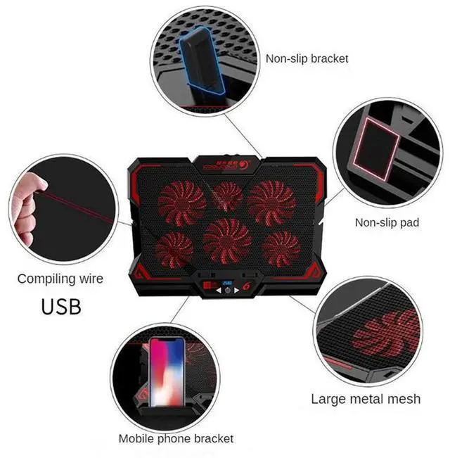 Alt view image 6 of 7 - Style B  Coolcold Laptop Cooler 6 Fans Laptop Cooling Pad 2 USB Port With Led Screen 2600RPM for 14-17 inch Gaming Laptop Cooler Stand