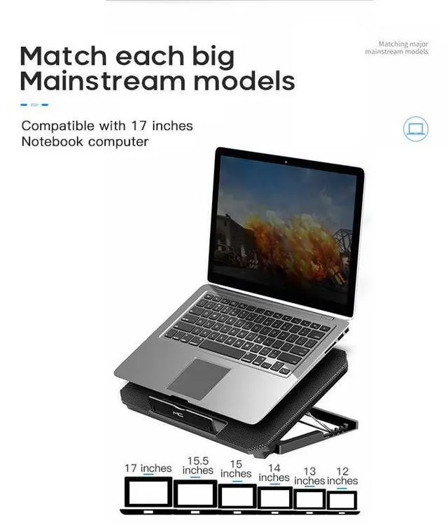 Alt view image 5 of 7 - Genuine 5 Fan 2 USB Laptop Cooler Cooling Pad Base LED Notebook Computer Cooler USB Fan Stand For Laptop PC 10''-17'' Hot sale