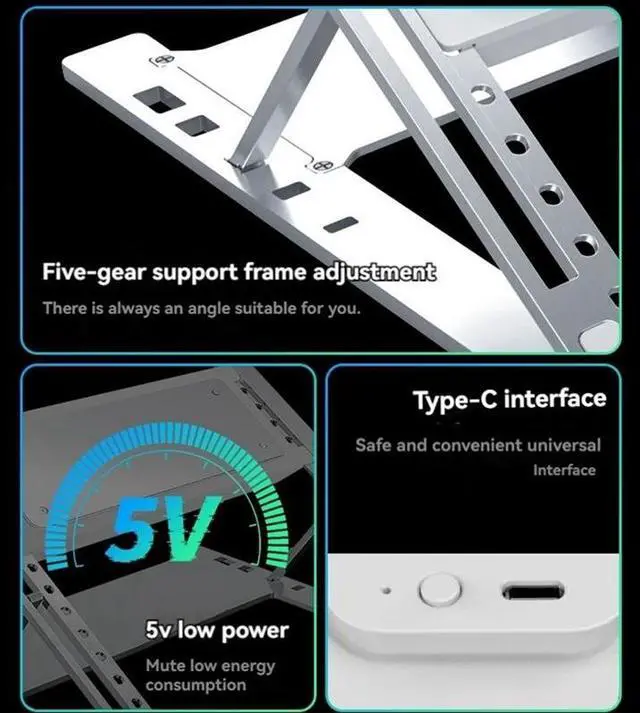 Alt view image 5 of 6 - Silver  Semiconductor Refrigeration Laptop Radiator Gaming Laptop Base Bracket 5-Speed Adjustment For 12-18 Inch Laptop