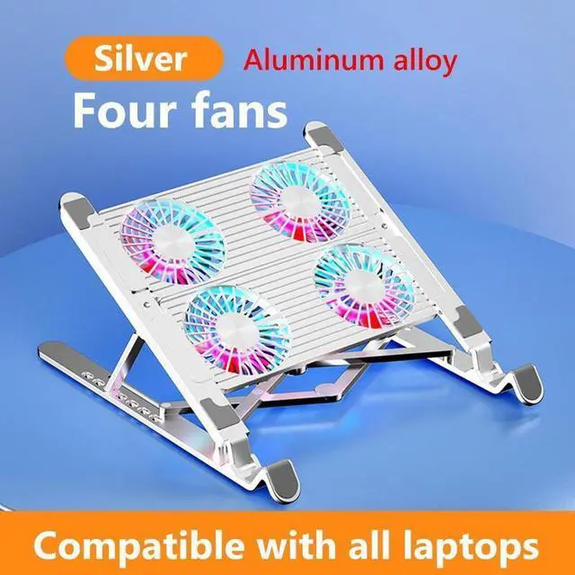 Main image of Silver Aluminum 4 Fa  Upgraded Laptop Cooler 2/4Foldable Laptop Cooling Pad RGB 7 Height Adjustable Notebook Stand for 11-17.3 Inch Laptops
