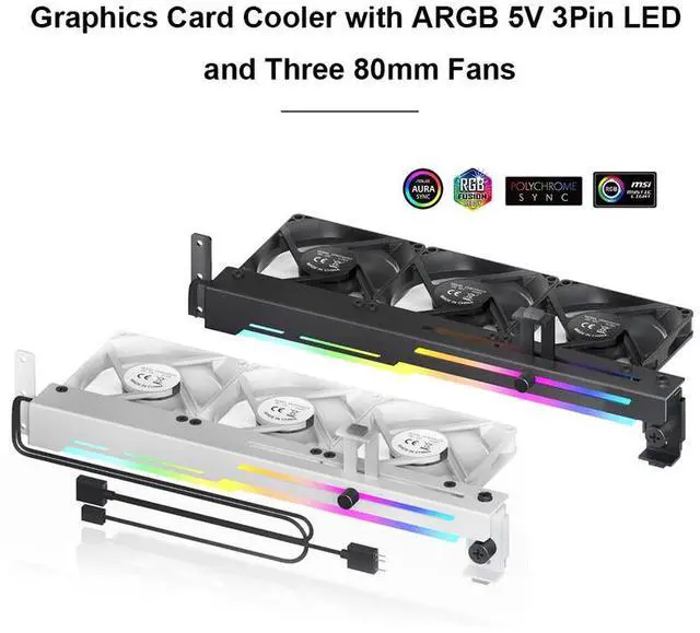 Alt view image 2 of 7 - White  2 in 1 Graphics Card Radiator 1800RPM 5V 3Pin ARGB RGB LED Graphics Card Holder with 3x80mm Fans Graphics Card Cooling Fan