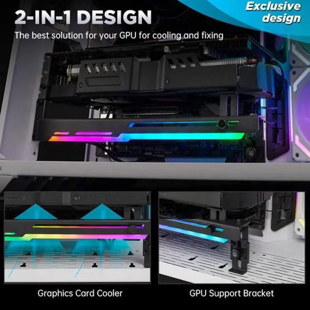 Alt view image 3 of 7 - White  2 in 1 Graphics Card Radiator 1800RPM 5V 3Pin ARGB RGB LED Graphics Card Holder with 3x80mm Fans Graphics Card Cooling Fan