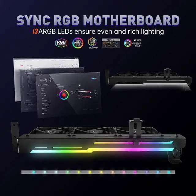 Alt view image 6 of 7 - White  2 in 1 Graphics Card Radiator 1800RPM 5V 3Pin ARGB RGB LED Graphics Card Holder with 3x80mm Fans Graphics Card Cooling Fan