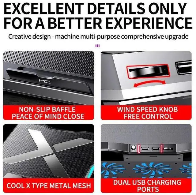 Alt view image 5 of 6 - q3-Black and blue st  Q3 Gaming Laptop Cooler With Six Fans Adjustable Height Silent Cooling Pad Laptops Computer Stand For Laptops Below 15.6-inch