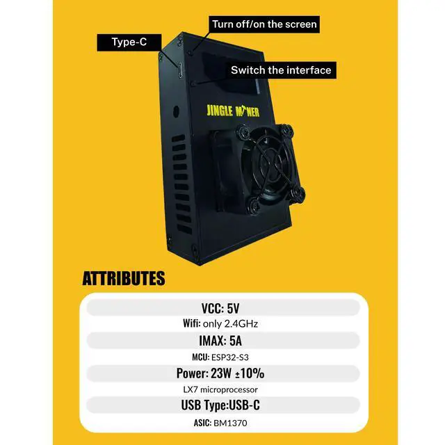 Alt view image 4 of 7 - Jingle Miner BTC Solo Lite 1.2Th/s 23W BTC Miner Solo Lottery Miner SHA-256d Algorithm BM1370 ASIC Chip (Originally Developed for Antminer S21 Pro) with PSU and Power Cord