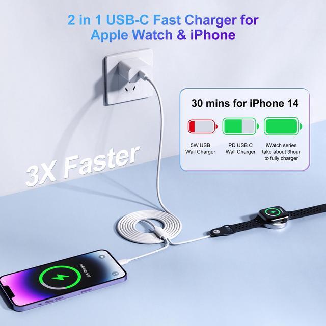 Alt view image 2 of 6 - AIlawuu for Apple Watch Charger,2 in 1 iPhone and iWatch Magnetic Fast Cord 6ft,Wireless Charging Cable with C Wall Charger Block for Apple Watch ultra/9/8/SE/7/6,for iPhone 14/13/12/11
