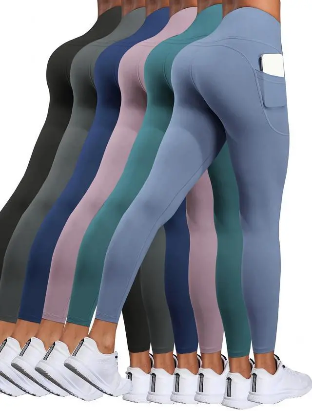 Alt view image 2 of 6 - 6pcs High Waisted Yoga Leggings With Pockets For Women, Sport Workout Leggings