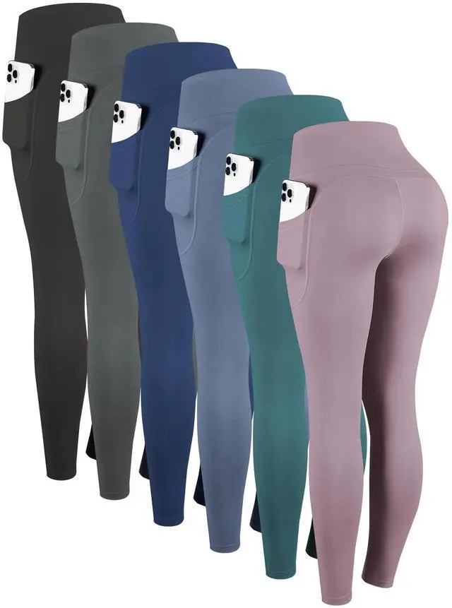Alt view image 2 of 7 - 6pcs High Waisted Yoga Leggings With Pockets For Women, Sport Workout Leggings