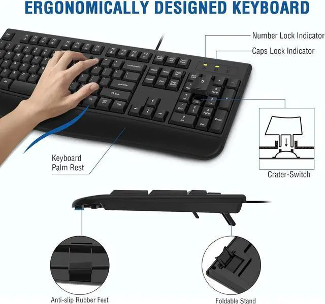 Alt view image 3 of 7 - Wired Keyboard and Mouse Combo, Full-Sized Ergonomic Computer Keyboard with Palm Rest and Optical Wired Mouse for Windows