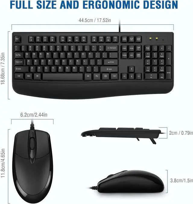 Alt view image 6 of 7 - Wired Keyboard and Mouse Combo, Full-Sized Ergonomic Computer Keyboard with Palm Rest and Optical Wired Mouse for Windows