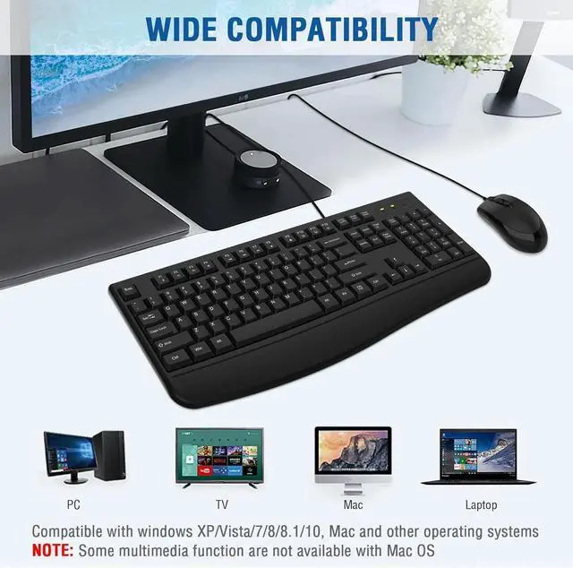 Alt view image 7 of 7 - Wired Keyboard and Mouse Combo, Full-Sized Ergonomic Computer Keyboard with Palm Rest and Optical Wired Mouse for Windows