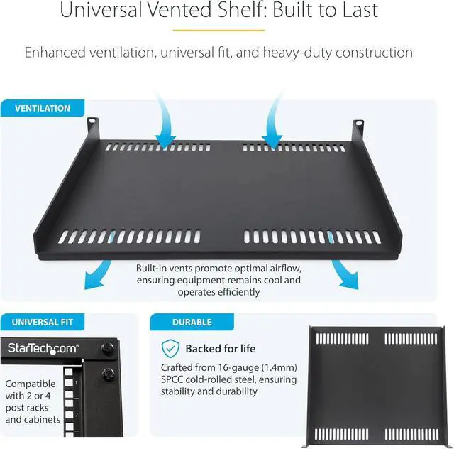 Alt view image 3 of 7 - Vented Server Rack Shelf, 16in (40cm) Mounting Depth, Cantilever Tray, Heavy-Duty Steel, 30lb/14kg Capacity