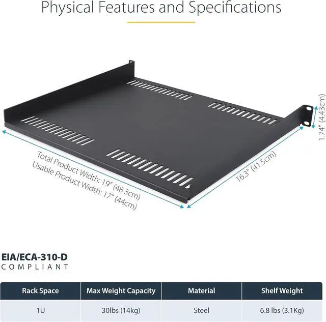 Alt view image 5 of 7 - Vented Server Rack Shelf, 16in (40cm) Mounting Depth, Cantilever Tray, Heavy-Duty Steel, 30lb/14kg Capacity