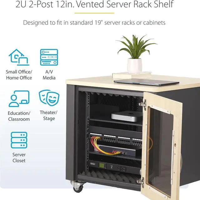 Alt view image 2 of 7 - 2U Rack Shelf, 12" Mounting Depth, Vented Cantilever Tray for 19" AV/Network Equipment, 25lb Capacity, for Small Office/Home Office