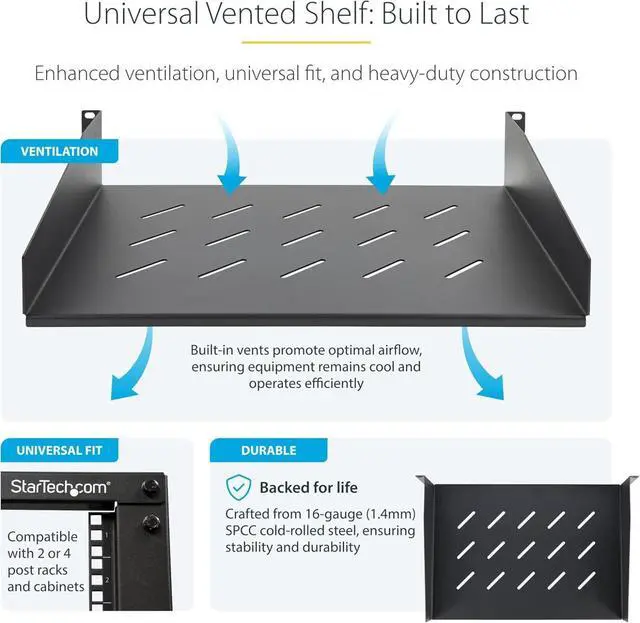 Alt view image 3 of 7 - 2U Rack Shelf, 12" Mounting Depth, Vented Cantilever Tray for 19" AV/Network Equipment, 25lb Capacity, for Small Office/Home Office