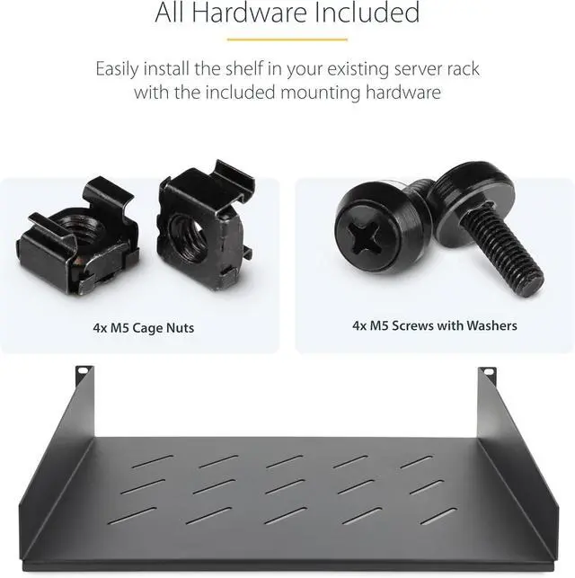 Alt view image 6 of 7 - 2U Rack Shelf, 12" Mounting Depth, Vented Cantilever Tray for 19" AV/Network Equipment, 25lb Capacity, for Small Office/Home Office