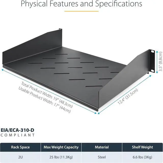 Alt view image 5 of 7 - 2U Rack Shelf, 12" Mounting Depth, Vented Cantilever Tray for 19" AV/Network Equipment, 25lb Capacity, for Small Office/Home Office