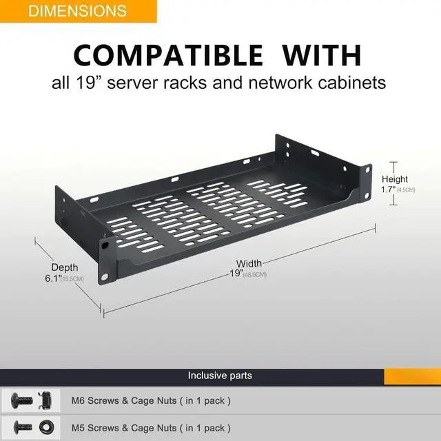 Alt view image 4 of 6 - 2 PCS 6 Rack Shelves for 19 inches Network Rack & Cabinets, 1U Rack Mount Shelf Vented Cantilever Tray, for Server, IT & Sound Equipment