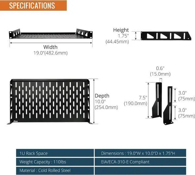 Alt view image 2 of 6 - 1U Rack Shelf,19 inch,Server Rack Shelf 10 inch Depth,Rack Mount Shelf with Anti-Slip Stops,Network Shelves for 19 in Equipments, 110lbs Capacity of Vented 1U Shelf,No Lip(2 Pack)