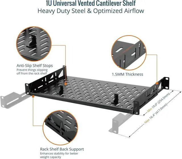 Alt view image 3 of 6 - 1U Rack Shelf,19 inch,Server Rack Shelf 10 inch Depth,Rack Mount Shelf with Anti-Slip Stops,Network Shelves for 19 in Equipments, 110lbs Capacity of Vented 1U Shelf,No Lip(2 Pack)
