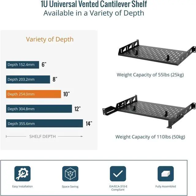 Alt view image 6 of 6 - 1U Rack Shelf,19 inch,Server Rack Shelf 10 inch Depth,Rack Mount Shelf with Anti-Slip Stops,Network Shelves for 19 in Equipments, 110lbs Capacity of Vented 1U Shelf,No Lip(2 Pack)