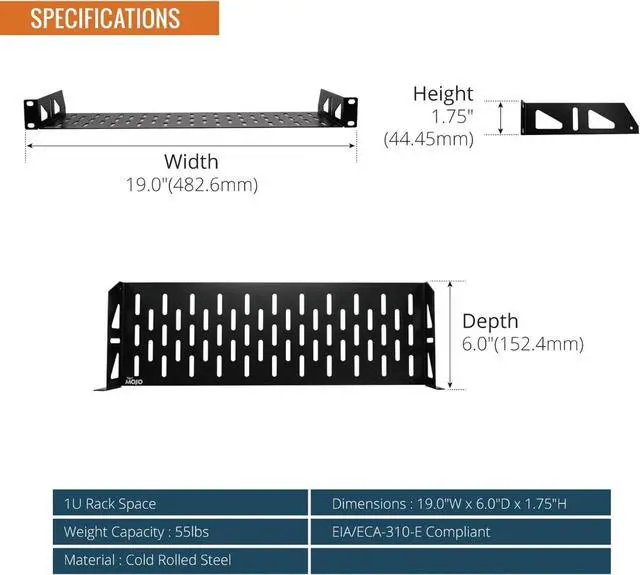 Alt view image 2 of 5 - 1U Rack Shelf,19 inch Rack Shelf 6 inch Depth,Rack Mount Shelf with Anti-Slip Stops,Server Rack Shelf and Network Shelf for 19 in Equipments, 55lbs Capacity of Vented 1U Shelf,No Lip(2 Pack)