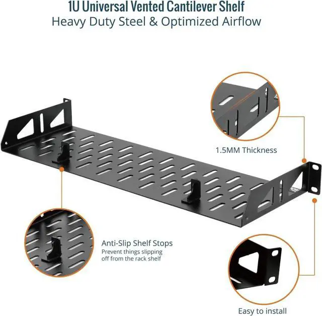 Alt view image 3 of 5 - 1U Rack Shelf,19 inch Rack Shelf 6 inch Depth,Rack Mount Shelf with Anti-Slip Stops,Server Rack Shelf and Network Shelf for 19 in Equipments, 55lbs Capacity of Vented 1U Shelf,No Lip(2 Pack)