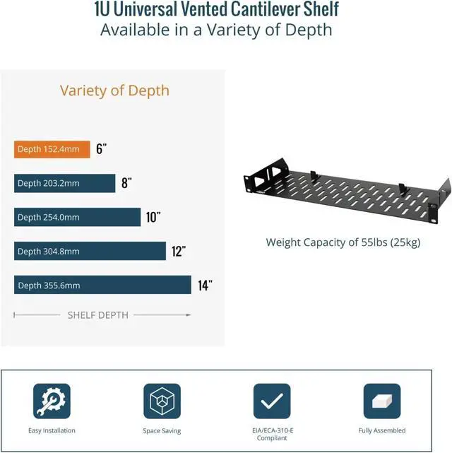 Alt view image 5 of 5 - 1U Rack Shelf,19 inch Rack Shelf 6 inch Depth,Rack Mount Shelf with Anti-Slip Stops,Server Rack Shelf and Network Shelf for 19 in Equipments, 55lbs Capacity of Vented 1U Shelf,No Lip(2 Pack)